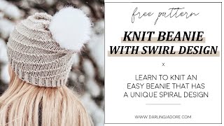 FREE KNITTING PATTERN Easy Knit Beanie With Swirl Spiral Design  Knit A Beanie  How To Knit [upl. by Cordier]