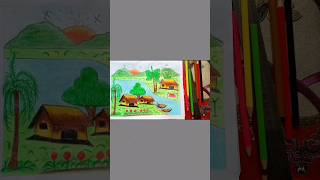 How to draw Village Scenery🏕️  Simple Village Scenery drawing shorts drawing [upl. by Ahsinom]