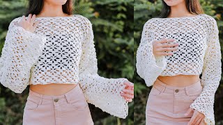 Crochet Floral Lace Sweater Tutorial  Crochet Floral Lace Blouse  Chenda DIY [upl. by Roger817]