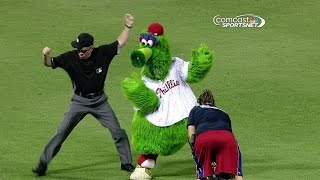 Phillie Phanatic does the wobble with umpire [upl. by Eicrad]