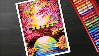 How to draw spring season landscape scenery drawing step by step with oil pastel [upl. by Janel]