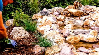 START TO FINISH GARDEN BUILD WATERFEATURE NATURAL STONE WALL PATHS PLANTING MULCHING MAKEOVER [upl. by Eycats]