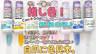 【キャンドゥジェルネイル】新色ジェムストーンカラー８色の自爪に色見本！似ているカラーの色比較もしたよ♪ [upl. by Elac193]