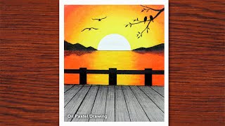 How to draw Sunset Scenery with oil pastels Oil Pastel Drawing 2021 [upl. by Laekim451]