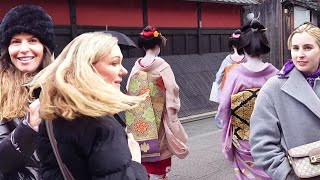 Geishas Walk in Hanamikoji Gion Kyoto  念願だった大好きな京都で人生で初めて見る舞妓さんに衝撃amp感動が止まらない外国人観光客、海外の反応 [upl. by Oren]