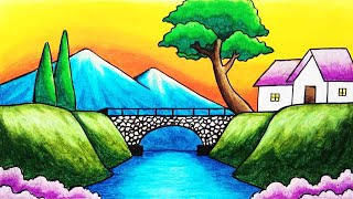 How to Draw Easy Scenery of Mountain Bridge and River Step by Step  Simple Nature Scenery Drawing [upl. by Ive]