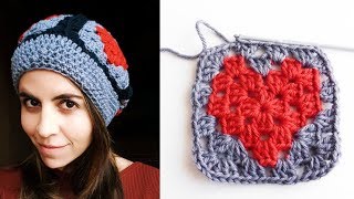 How to crochet a BEANIE with HEART SHAPED GRANNY SQUARE  step by step tutorial by CROCHET LOVERS [upl. by Ikuy]