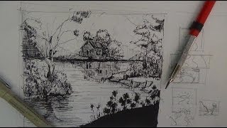 Pen amp Ink Drawing Tutorials  How to draw a river landscape scene [upl. by Kimura]