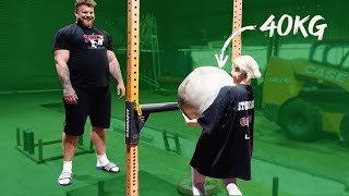 TINY GIRL lifts atlas stones with Tom Stoltman WORLDS STRONGEST MAN Mulligan Brothers [upl. by Grath]