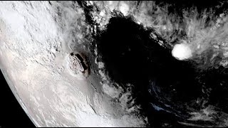 Hunga Tonga volcano erupts again triggers tsunami  Seen from space [upl. by Nylireg]