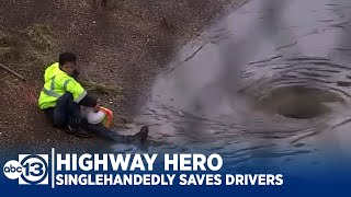 HIGHWAY HERO Faced with flood man singlehandedly saves motorists [upl. by Nylyoj244]