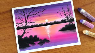 Easy Oil Pastel Pink Sunset Landscape Painting for beginners  Oil Pastel Drawing [upl. by Hanna]