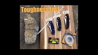 Toughness Test K390 vs Cruwear vs S110V [upl. by Neeleuqcaj695]