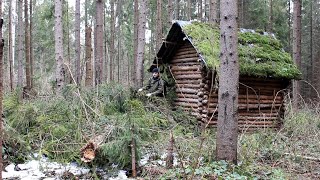 Bushcrafts House among Fallen trees Spent the night in an abandoned log cabin like our ancestors [upl. by Okorih291]