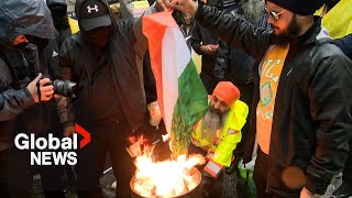 Sikh protesters burn Indian flag outside consulates in Canada over Nijjar murder [upl. by Yelsna]