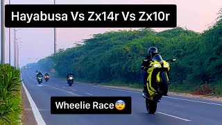 Ninja Zx10r vs Hayabusa vs Zx14r Street Race  Wheelie rce on highway😱 [upl. by Lanette851]