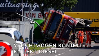 Vrachtwagen kantelt en lekt diesel op Mispelhoefstraat in Eindhoven [upl. by Ardnazxela]