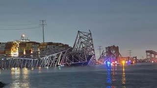 Francis Scott Key Bridge in Baltimore collapses after ship struck it sending vehicles into water [upl. by Limemann789]