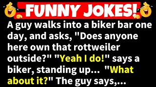 🤣FUNNY JOKES  A guy walks into a biker bar and asks quotDoes anyone here own that rottweiler [upl. by Seraphine]