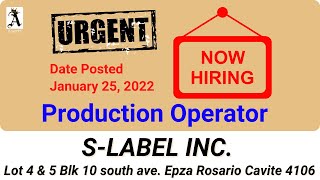 URGENT HIRING HIRING sa S Label Inc  Epza Rosario Cavite Job post January 25 2022 [upl. by Gwennie]