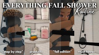 EVERYTHING FALL SHOWER ROUTINE♡🚿 smell good products must haves soft skin  Bloxburg￼ Roleplay [upl. by Aneertak]