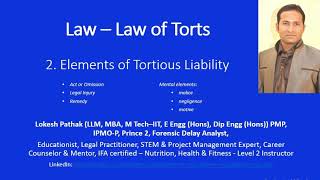 Law  Law of Torts  2 Elements of Tortious Liability [upl. by Onaimad]