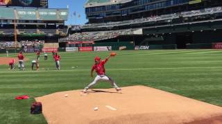 Tim Lincecum 2016 Los Angeles Angels debut vs Oakland As bullpen warmup [upl. by Cecilio]