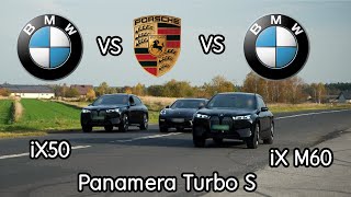 BMW ix M60 vs BMW iX50 vs Porsche Panamera Turbo S ENGLISH [upl. by Lenrad]