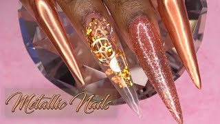 Acrylic Nails Tutorial  How To Metallic Copper Nails with Nail Forms  Encapsulated Gears Steampunk [upl. by Annoynek]