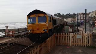 GBRf Convoy from Long Rock through Dawlish in Rough Seas [upl. by Ariaec]