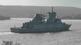 GERMAN NAVY FGS RHEINLAND PFALZ F225 ENTERS DEVONPORT NAVAL BASE AT MOUNT WISE 51123 [upl. by Ahsiekal]