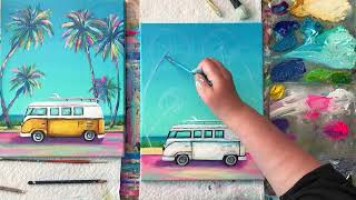 Retro Road Trip  VW Van Painting  Beginners Palm tree Acrylic Painting Tutorial [upl. by Hael744]