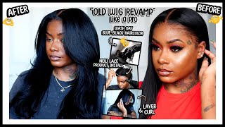 LEARN HOW TO REVAMP AN OLD WIG Dye BlueBlack Haircolor New Lace Wig Product Layer amp Curl Wig [upl. by Hersh]