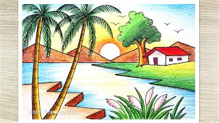 Beautiful Sunset Scenery Drawing with color pencil Easy drawing for beginners [upl. by Jentoft]