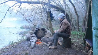 Bushcraft Camp Catch and Cook Overnight in a Tarp Shelter [upl. by Attenra]