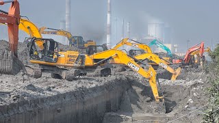 27 Excavator digging Power Plant Water Trench Flooded Mud Filled Working together  Excavators [upl. by Dorris]