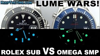 LUME WARS 8  Rolex Submariner Chromalight VS Omega Seamaster SuperLumiNova [upl. by Arorua]