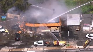 Fire at BBQ restaurant after gas leak on Campbellton Road  Aerials [upl. by Anined]