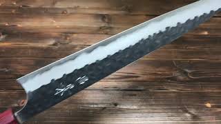 【昌景】筋引包丁 270mm 白紙鋼 ステンクラッド 黒打 槌目 Masakage Sujihiki 270mm Shirokami kurouchi tsuchime [upl. by Alyl]