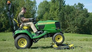 Podłączenie agregatu koszącego do traktorka X949  John Deere [upl. by Nalod536]