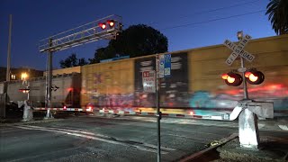 BNSF Manifest North P St Railroad Crossing Sacramento CA  Incandescent Lights At Night [upl. by Esiuqcaj]