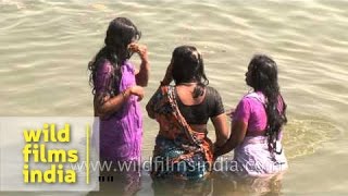 Women doing Ganga snan at Varanasi Ghat [upl. by Zellner]