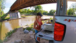 Truck Camping Under a Remote Bridge In the WOODS Fishing Cooking Camping [upl. by Alrad]